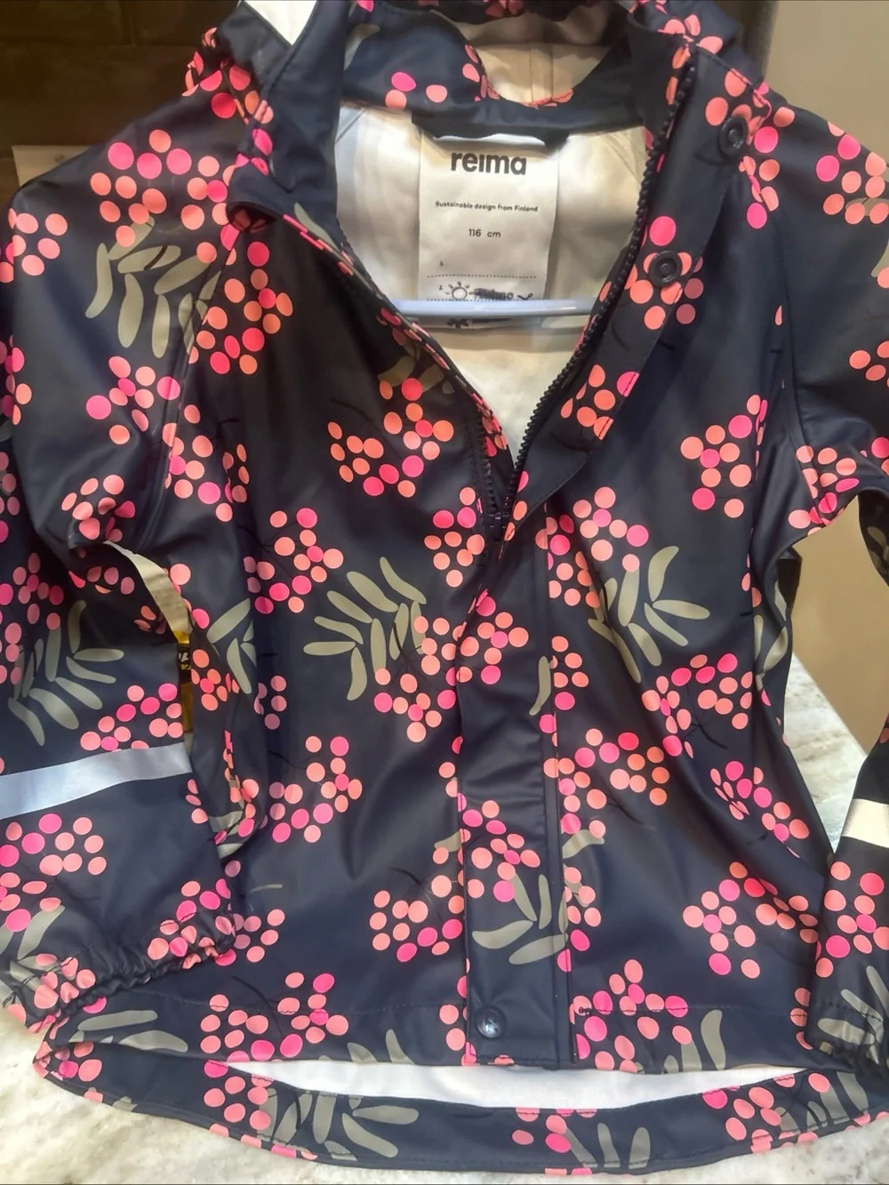 Reima Kids Waterproof Rain Jacket Girls Geometric Print Sz 6 New Removable Hood